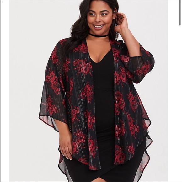 torrid Tops - Torrid black floral sheer metallic flowy kimono